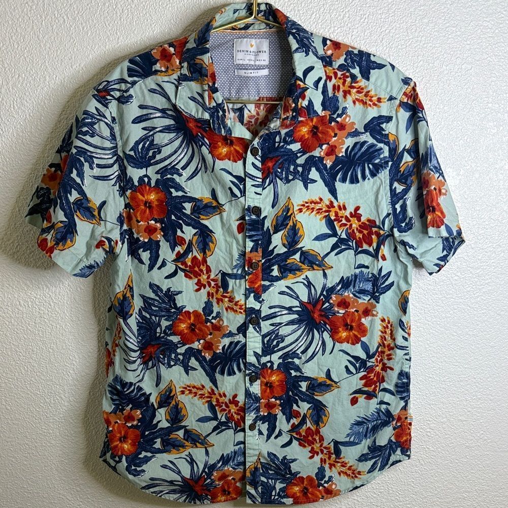 Denim & Flower- Men's Floral button down Shirt - Blue, Red, and Green- Slim fit